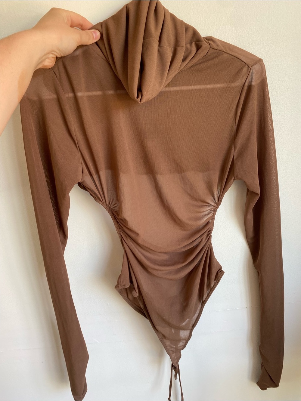 Fashion Nova Brown Sheer Long-Sleeve Hooded Bodysuit